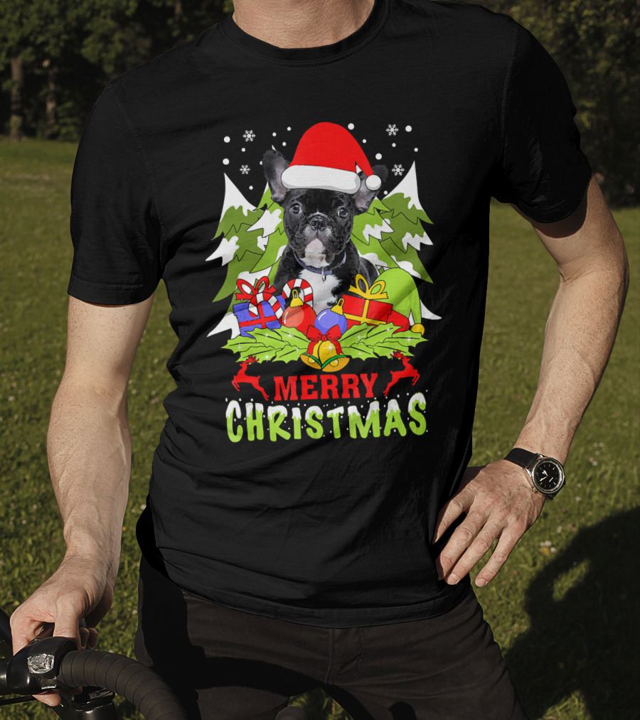 Merry Christmas French Bulldog Santa Hat Gifts Snowflakes T-Shirt