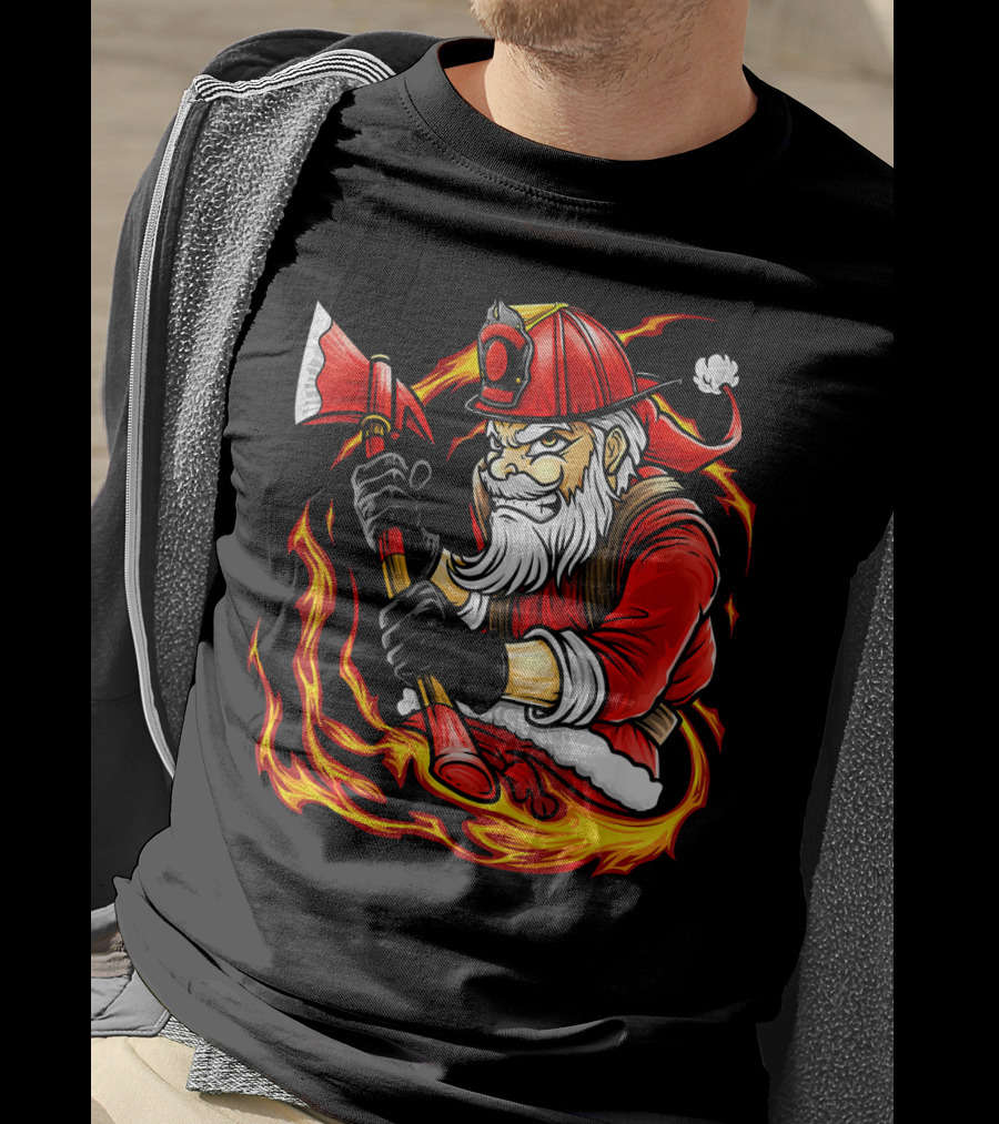Firefighter Santa With Axe Surrounded By Flames T-Shirt