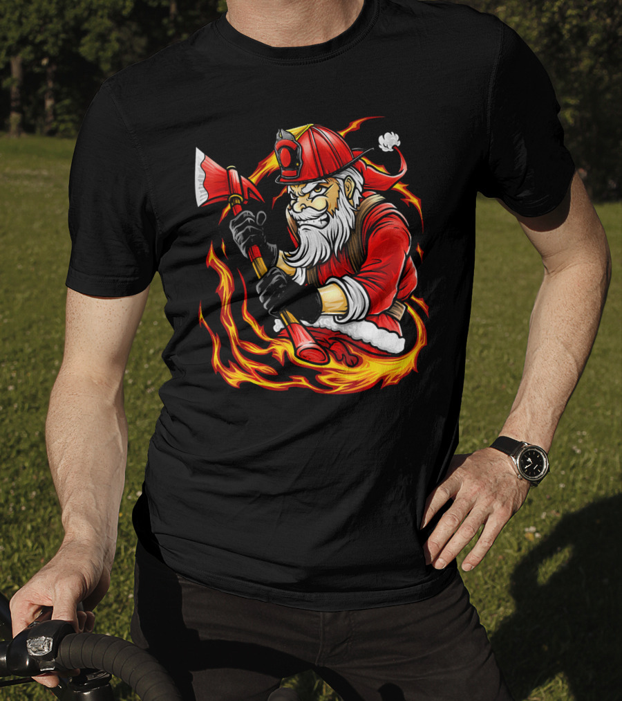 Firefighter Santa With Axe Surrounded By Flames T-Shirt