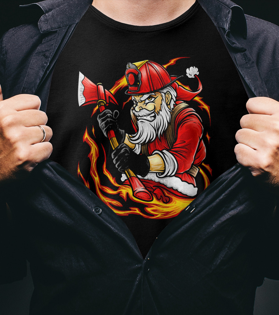 Firefighter Santa With Axe Surrounded By Flames T-Shirt