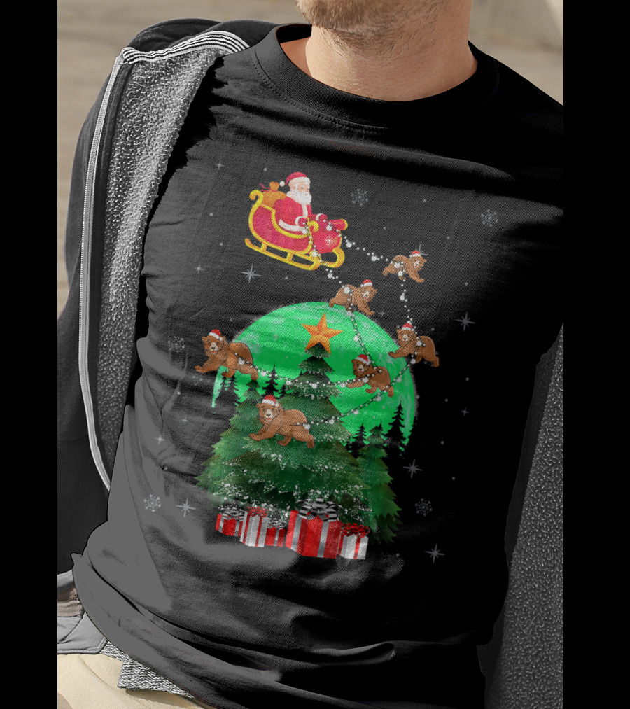 Santa Claus With Bears And Sleigh Over Christmas Tree And Presents T-Shirt
