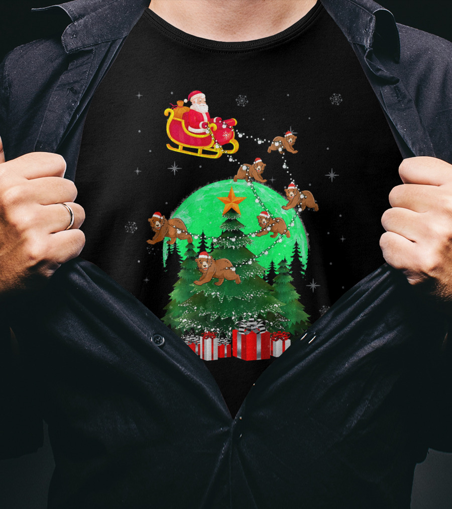 Santa Claus With Bears And Sleigh Over Christmas Tree And Presents T-Shirt
