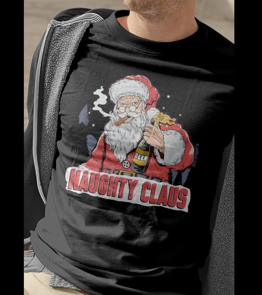 Naughty Claus Santa With Beer Funny Humor XMAS T-Shirt