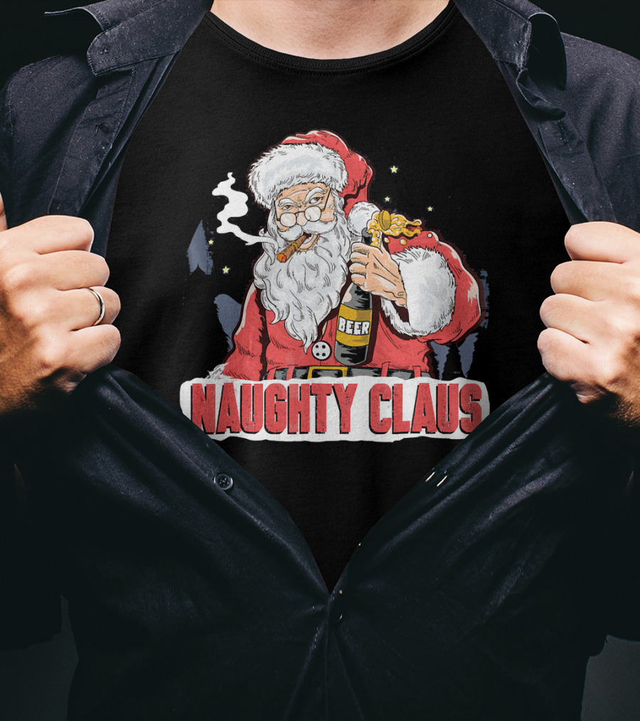 Naughty Claus Santa With Beer Funny Humor XMAS T-Shirt