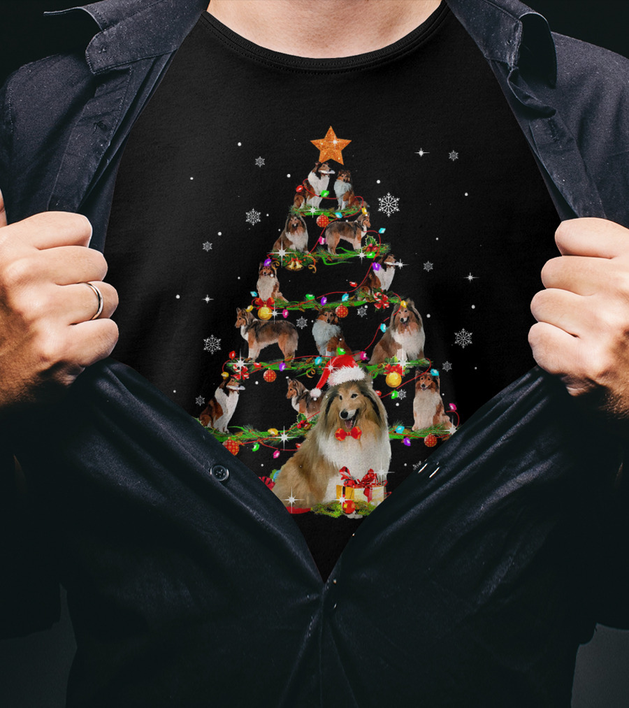Rough Collie Christmas Tree With Santa Hat And Gifts T-Shirt