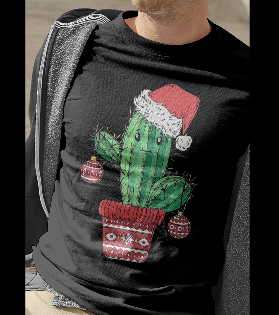 Cactus Christmas Tree Santa Hat Festive Ornaments T-Shirt