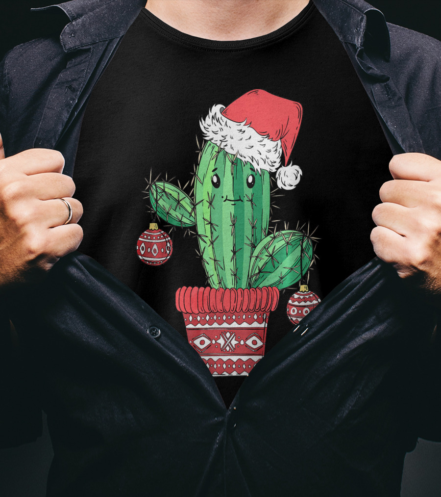 Cactus Christmas Tree Santa Hat Festive Ornaments T-Shirt