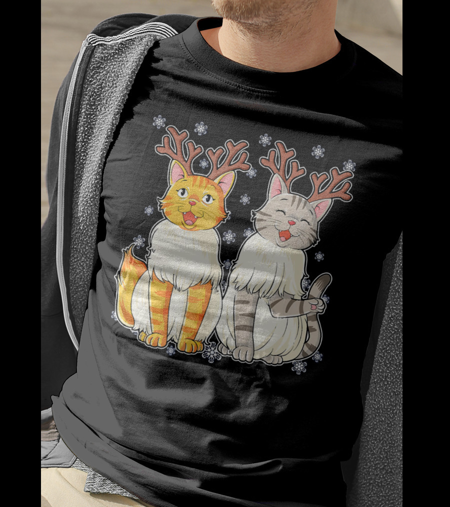 Funny Christmas Cat Reindeer With Snowflakes T-Shirt