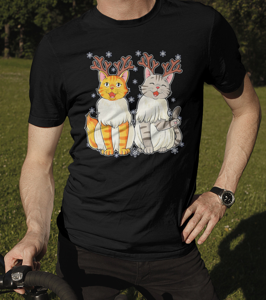 Funny Christmas Cat Reindeer With Snowflakes T-Shirt