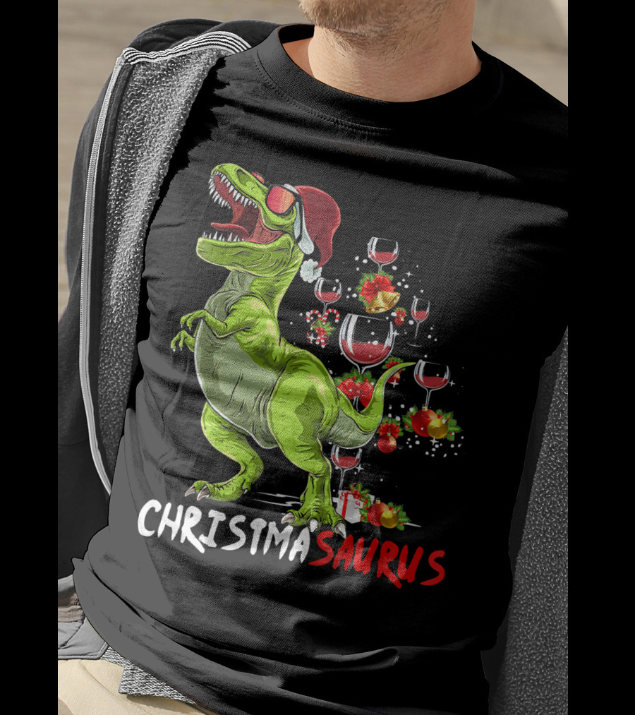 Christmasaurus T-Rex Santa Hat Wine Ornaments T-Shirt