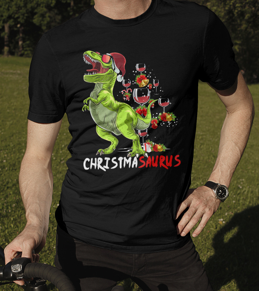 Christmasaurus T-Rex Santa Hat Wine Ornaments T-Shirt