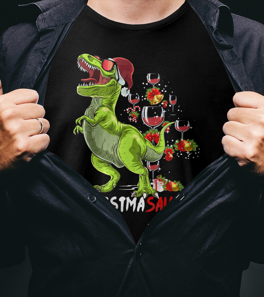 Christmasaurus T-Rex Santa Hat Wine Ornaments T-Shirt
