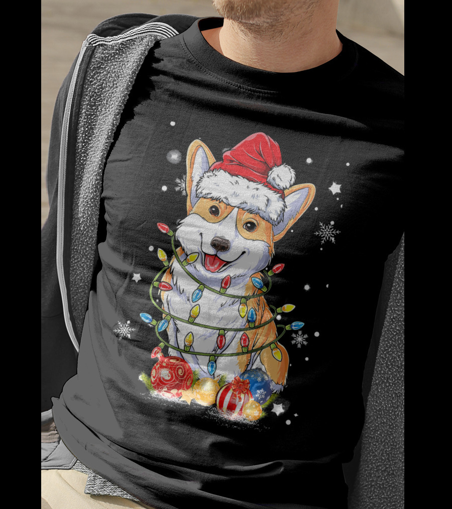 Merry Corgmas Xmas Tree Santa Corgi Wrapped In Christmas Lights And Ornaments T-Shirt