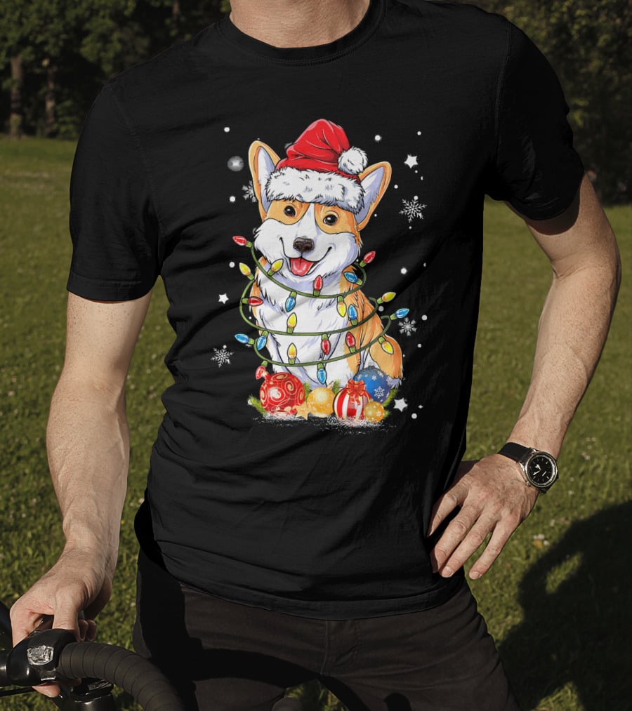 Merry Corgmas Xmas Tree Santa Corgi Wrapped In Christmas Lights And Ornaments T-Shirt