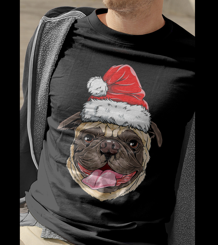 Pug Santa Christmas Hat Joyful Expression T-Shirt