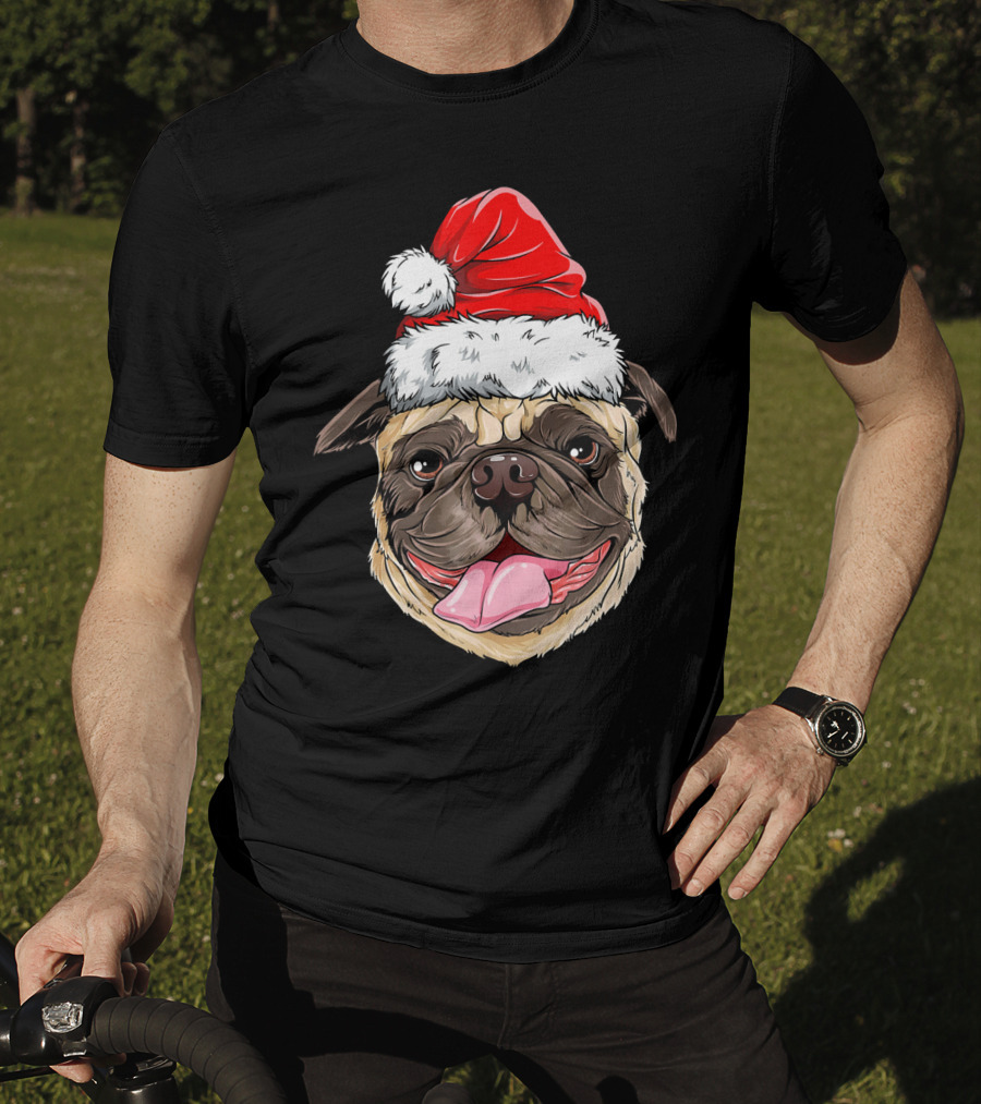 Pug Santa Christmas Hat Joyful Expression T-Shirt