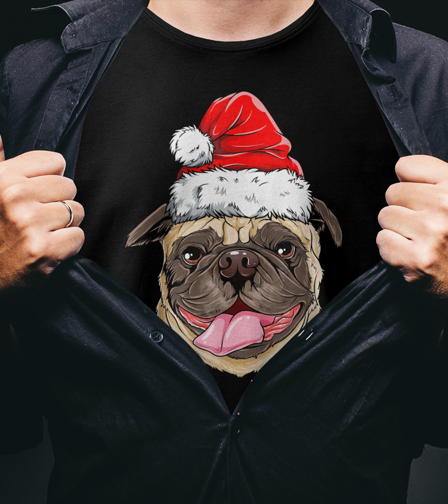 Pug Santa Christmas Hat Joyful Expression T-Shirt