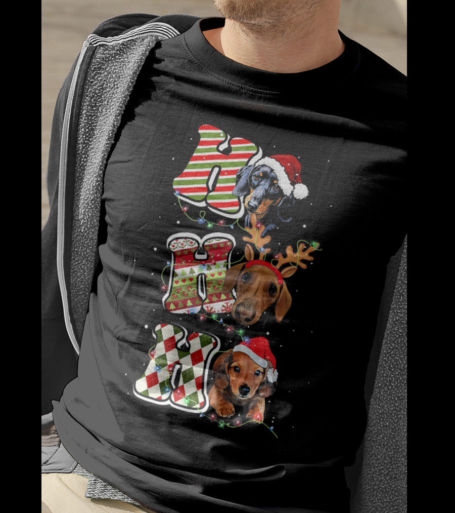 Dachshund Ho Ho Ho Christmas Reindeer Lights Santa Hat T-Shirt