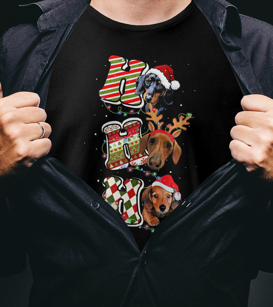 Dachshund Ho Ho Ho Christmas Reindeer Lights Santa Hat T-Shirt