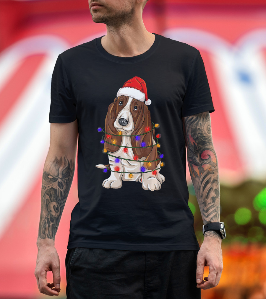Basset Hound Santa Hat Wrapped in Christmas Lights T-Shirt