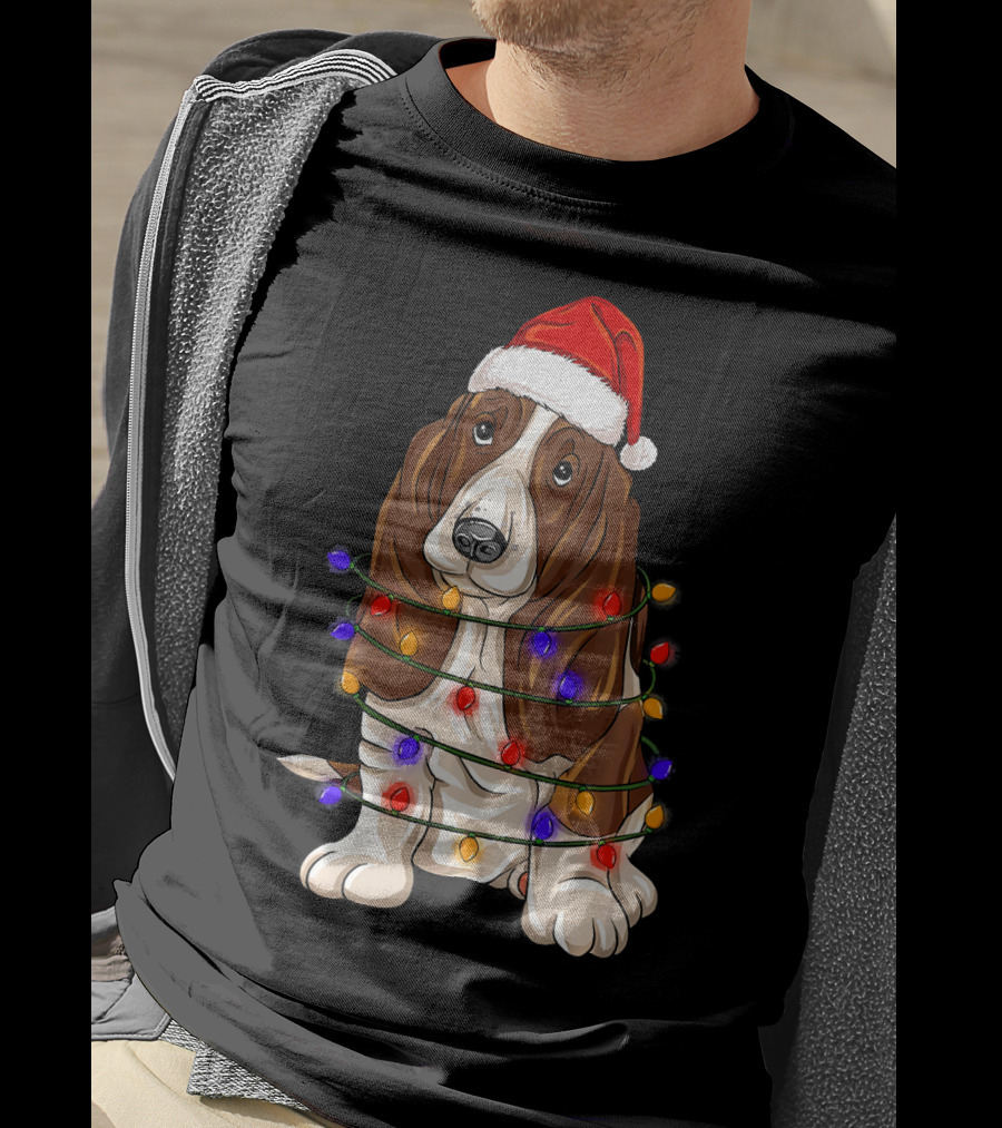 Basset Hound Santa Hat Wrapped In Christmas Lights T-Shirt