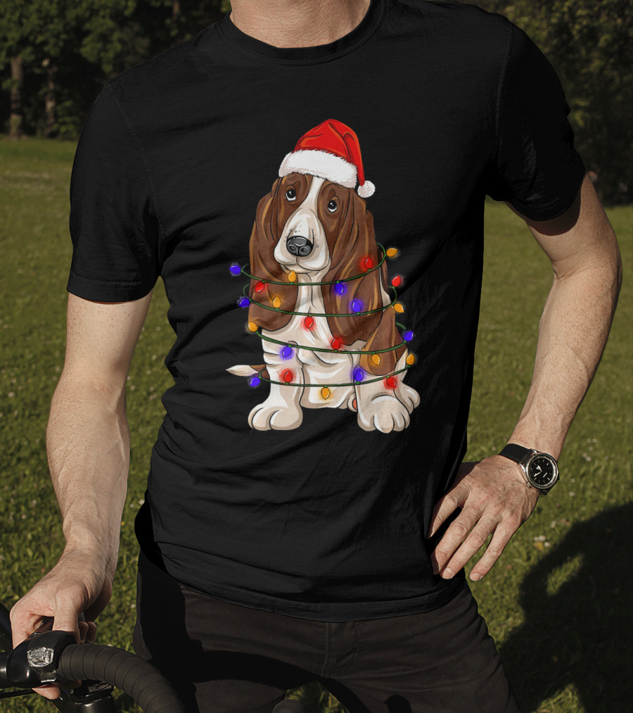 Basset Hound Santa Hat Wrapped In Christmas Lights T-Shirt