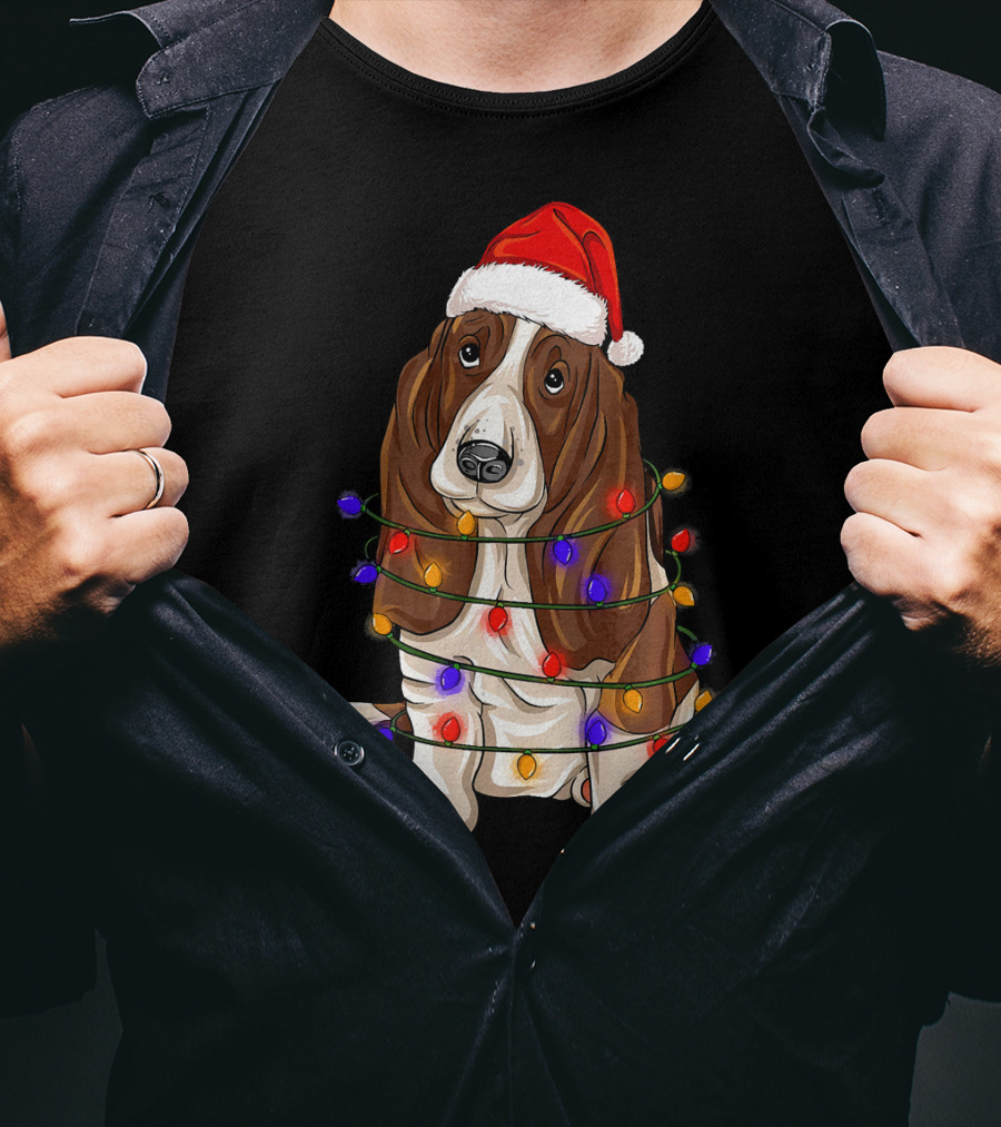 Basset Hound Santa Hat Wrapped In Christmas Lights T-Shirt