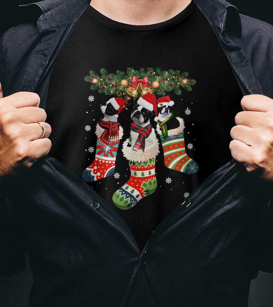 Three Boston Terrier In Christmas Stockings With Santa Hats And Festive Scarves T-Shirt
