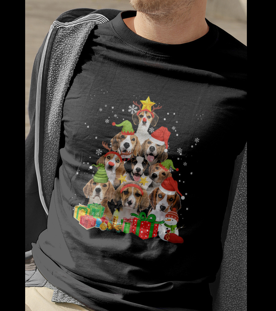 Funny Beagle Christmas Tree Santa Hats Presents Snowman T-Shirt