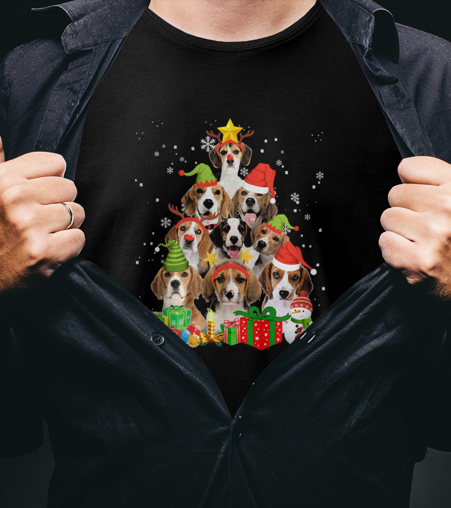 Funny Beagle Christmas Tree Santa Hats Presents Snowman T-Shirt