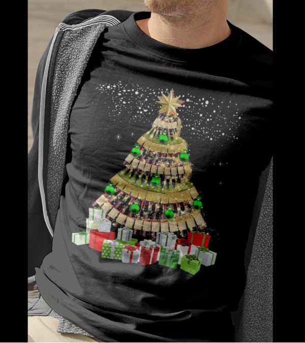 Wine Bottles Christmas Tree With Gifts Snowflakes And Ornaments T-Shirt