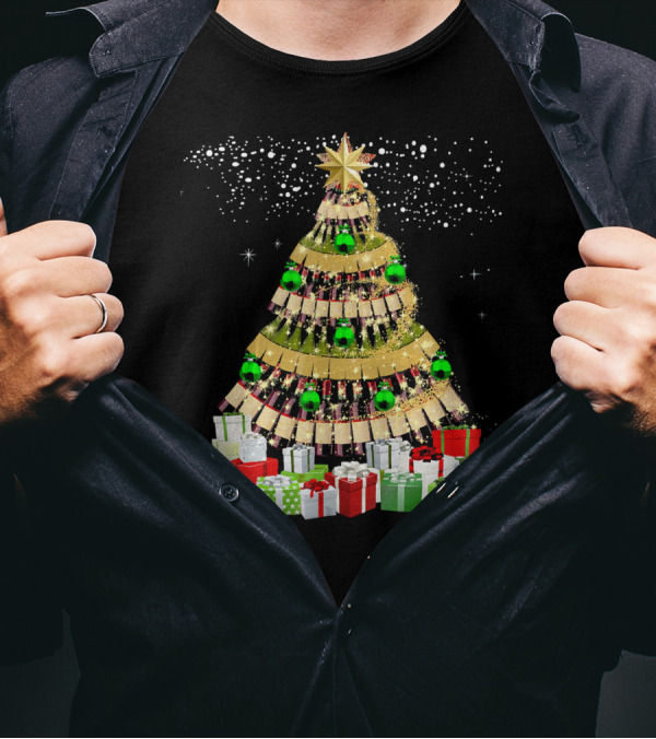 Wine Bottles Christmas Tree With Gifts Snowflakes And Ornaments T-Shirt