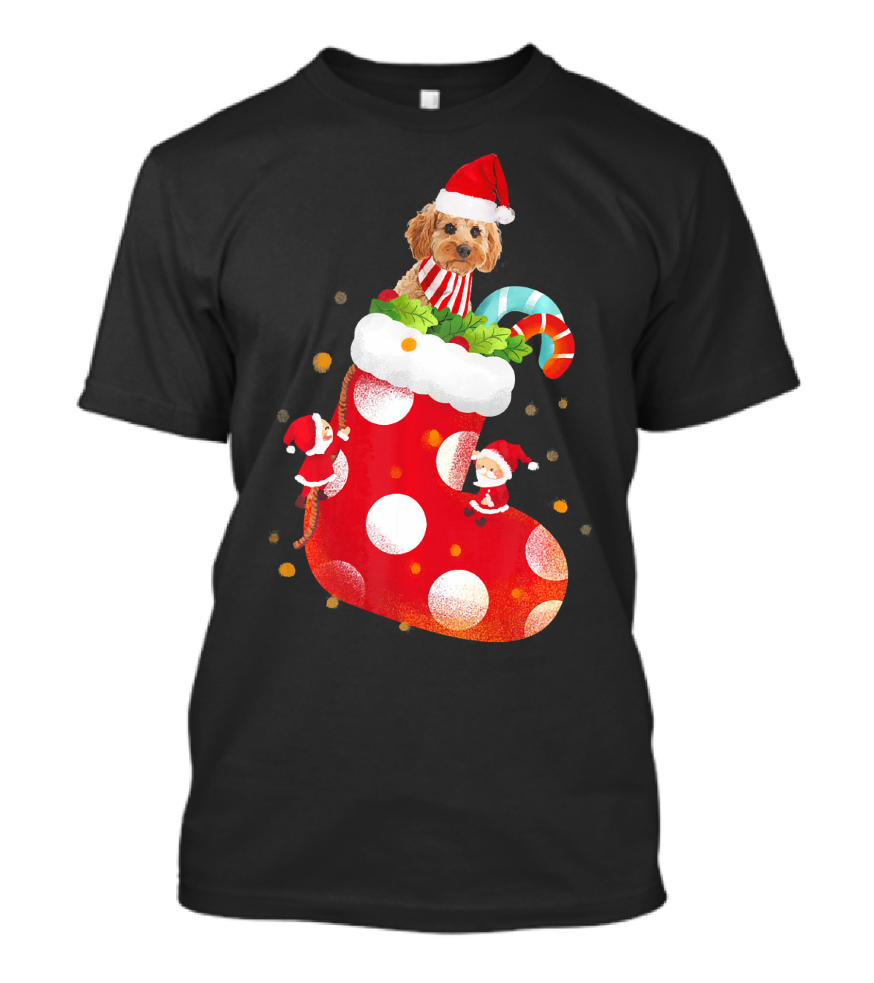 Christmas Cockapoo Dog In Santa Hat With Red Stocking And Candy Cane T-Shirt