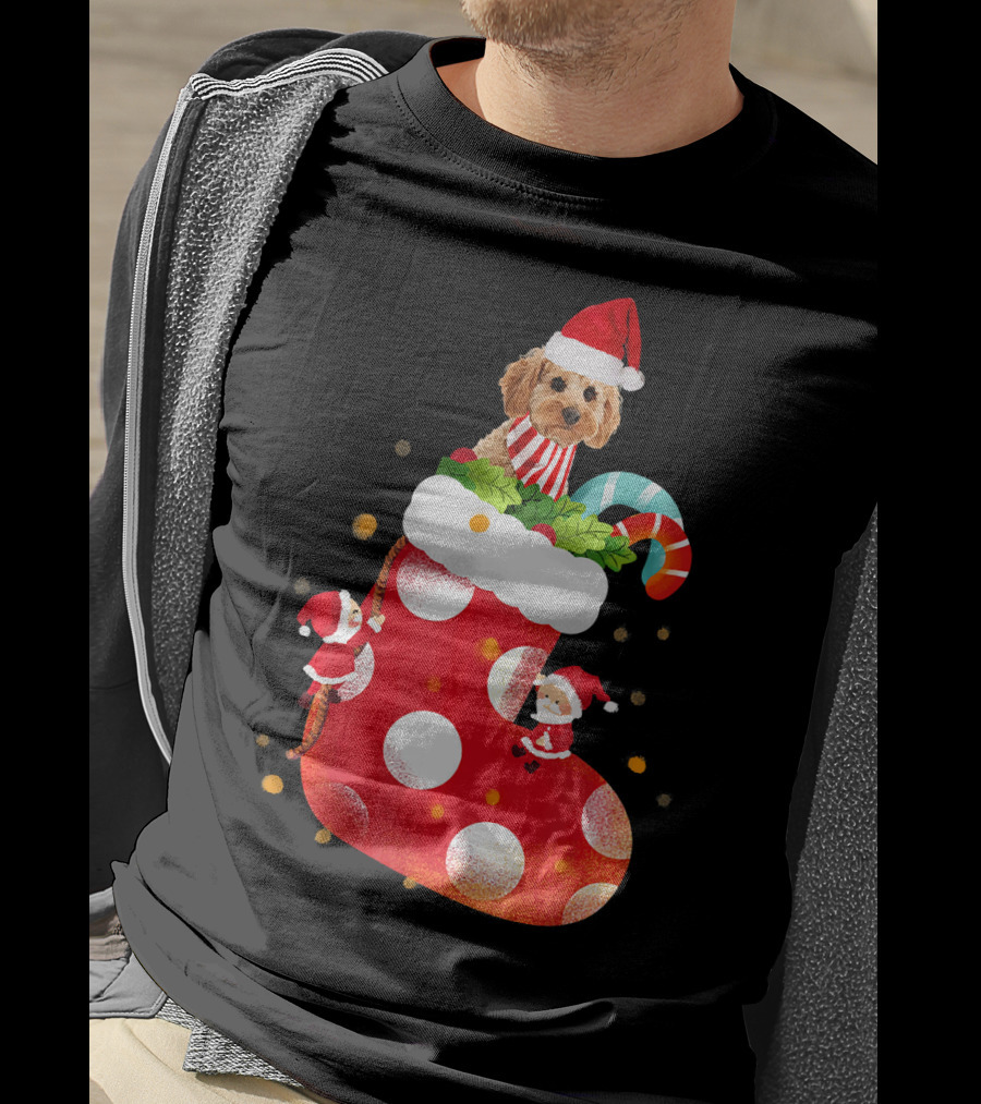 Christmas Cockapoo Dog In Santa Hat With Red Stocking And Candy Cane T-Shirt
