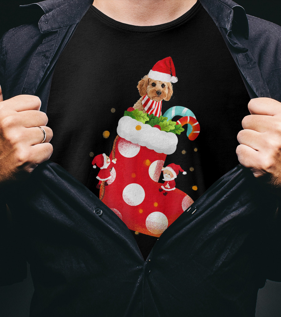 Christmas Cockapoo Dog In Santa Hat With Red Stocking And Candy Cane T-Shirt