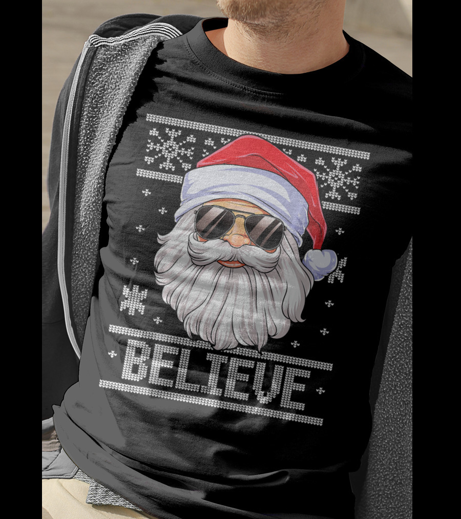 Santa Believe Christmas Sweater Design With Sunglasses And Snowflakes T-Shirt