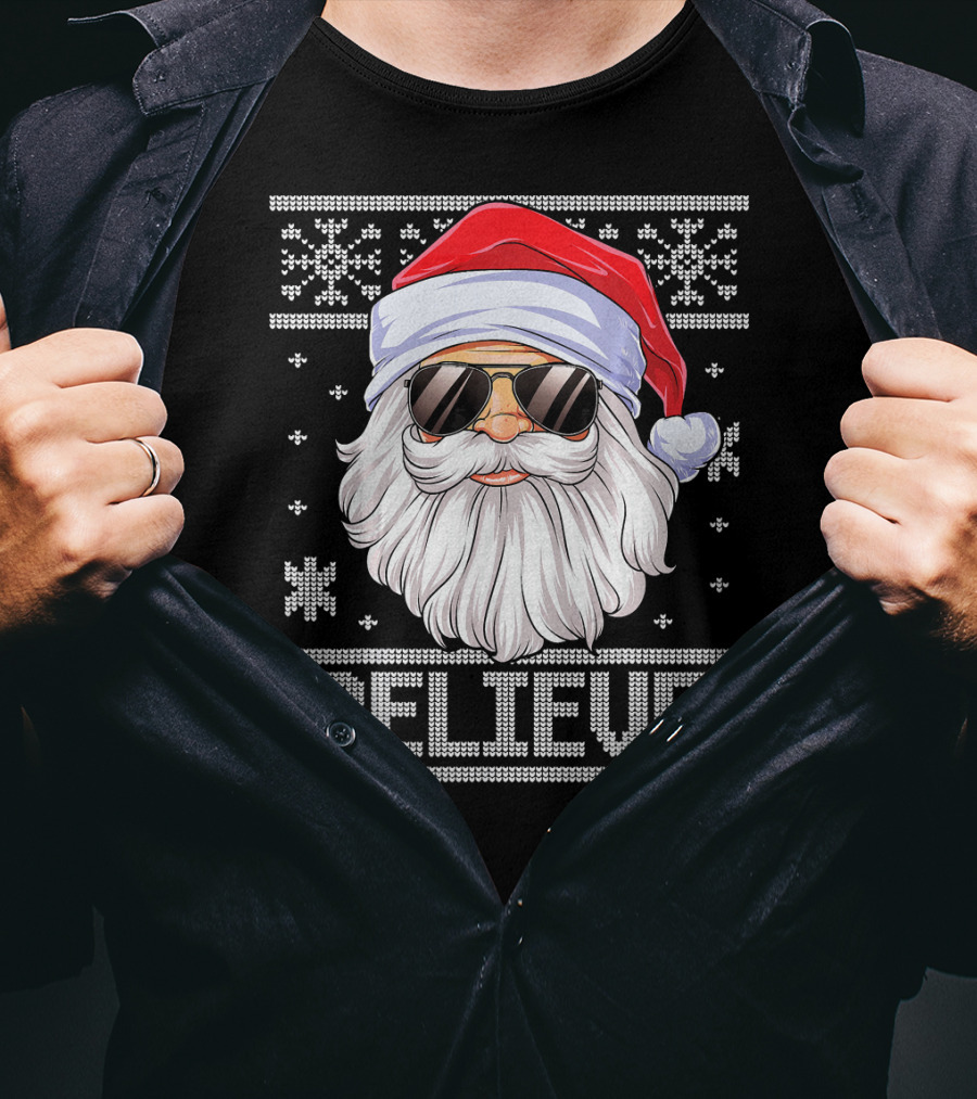 Santa Believe Christmas Sweater Design With Sunglasses And Snowflakes T-Shirt