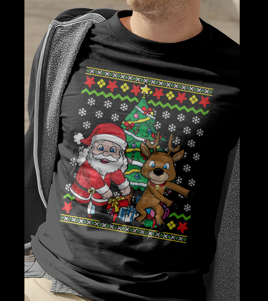 Ugly Christmas Kids Flossing Santa Reindeer Dance With Presents And Tree T-Shirt