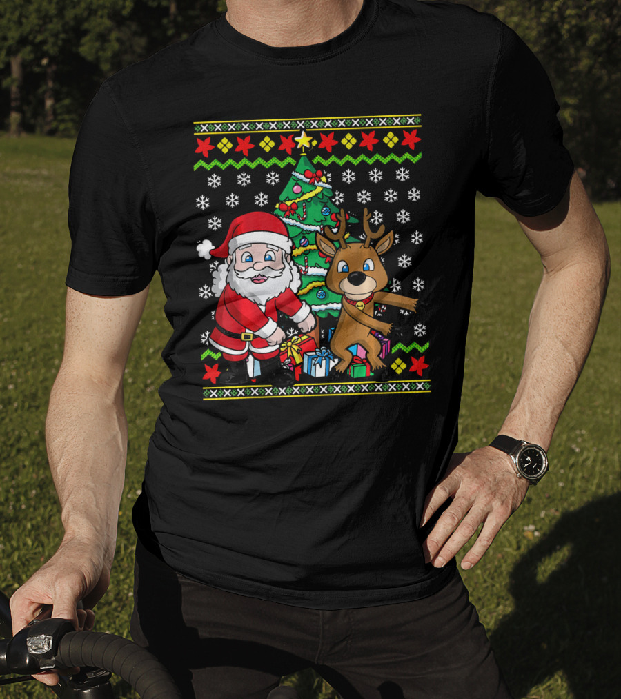 Ugly Christmas Kids Flossing Santa Reindeer Dance With Presents And Tree T-Shirt