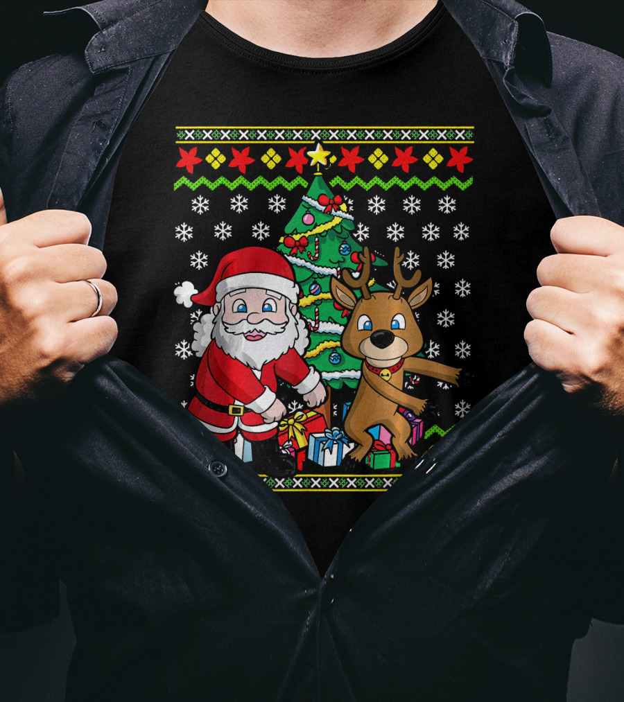 Ugly Christmas Kids Flossing Santa Reindeer Dance With Presents And Tree T-Shirt