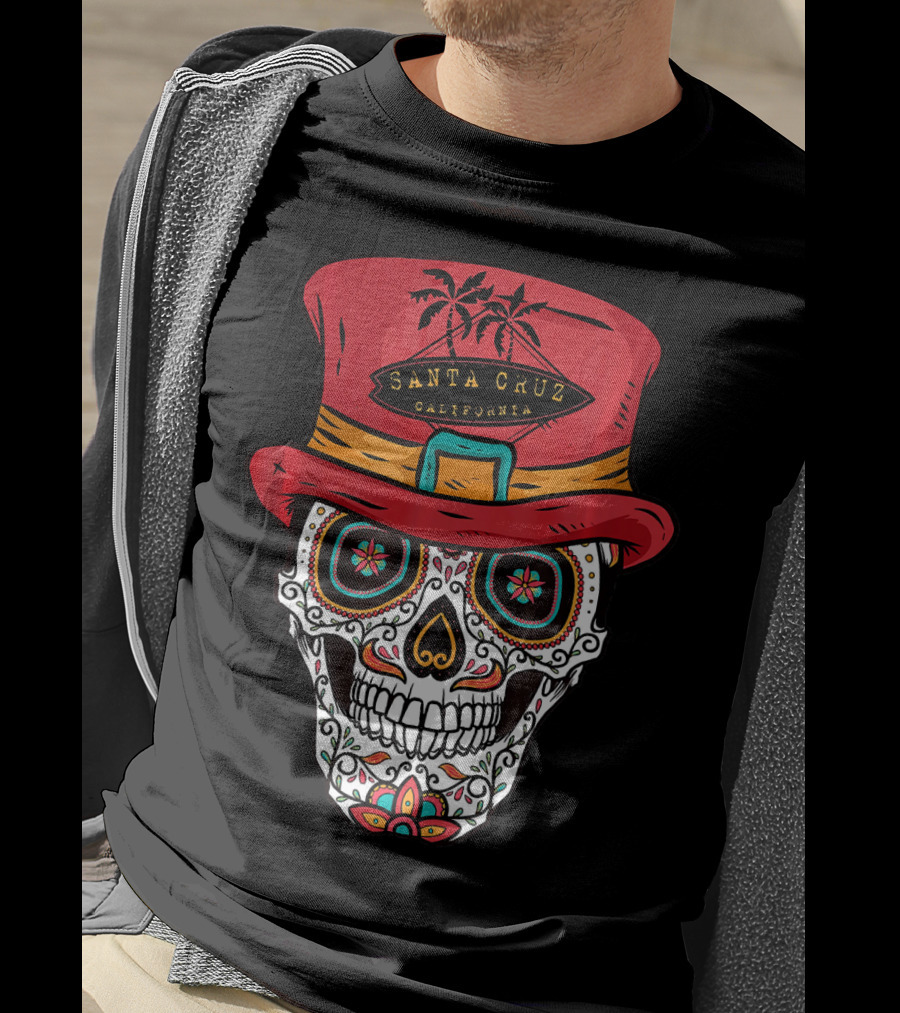 Santa Cruz California Sugar Skull Souvenir With Red Hat And Tropical Palm Trees T-Shirt