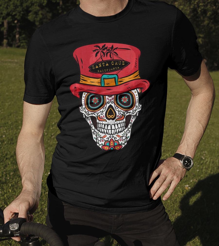 Santa Cruz California Sugar Skull Souvenir With Red Hat And Tropical Palm Trees T-Shirt
