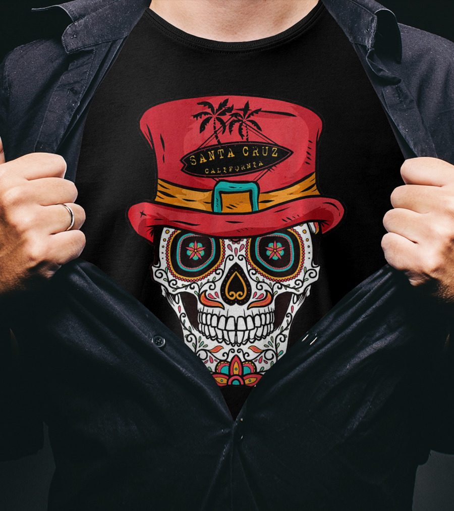 Santa Cruz California Sugar Skull Souvenir With Red Hat And Tropical Palm Trees T-Shirt
