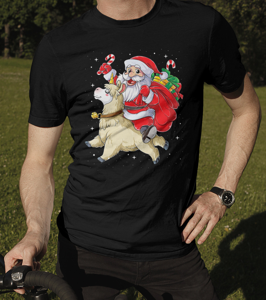 Fa La La Llama Christmas Santa Riding Llama With Candy Canes And Gifts T-Shirt