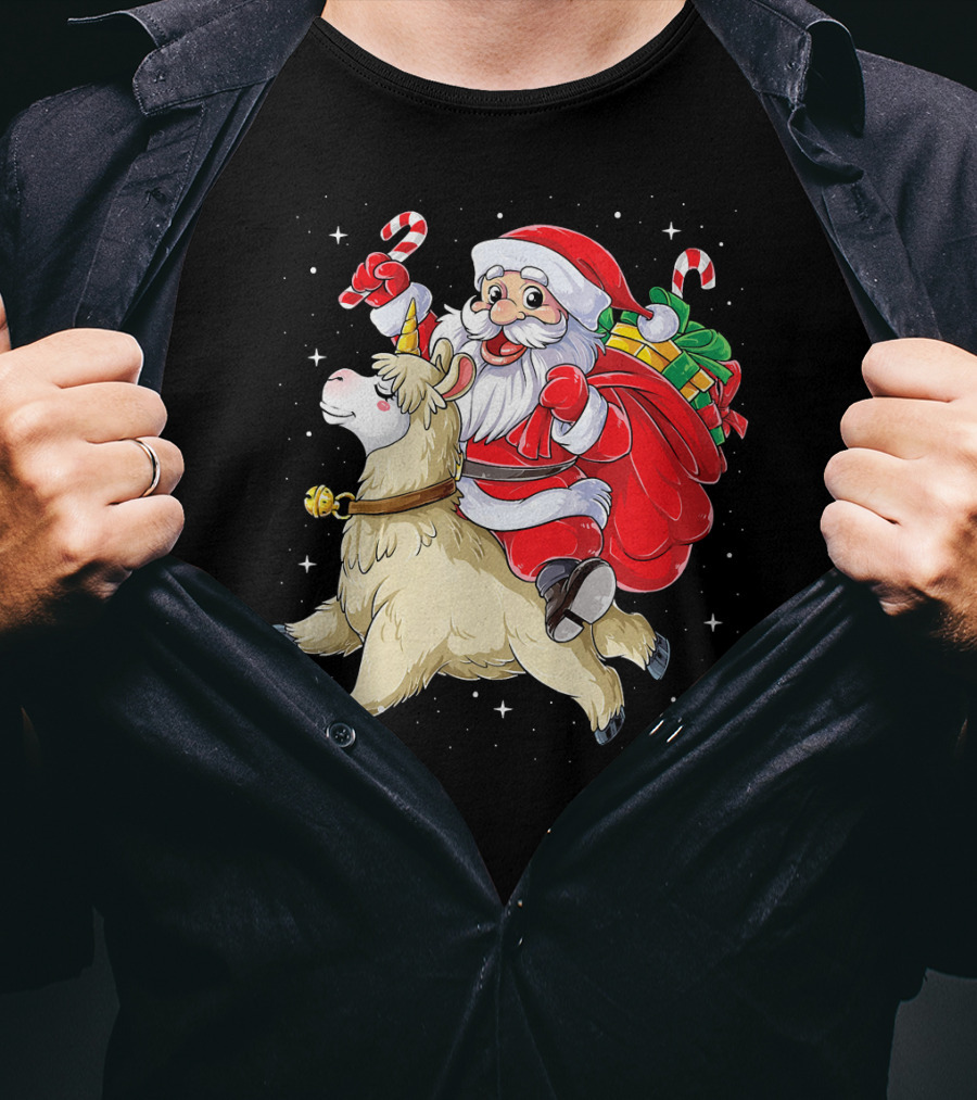 Fa La La Llama Christmas Santa Riding Llama With Candy Canes And Gifts T-Shirt