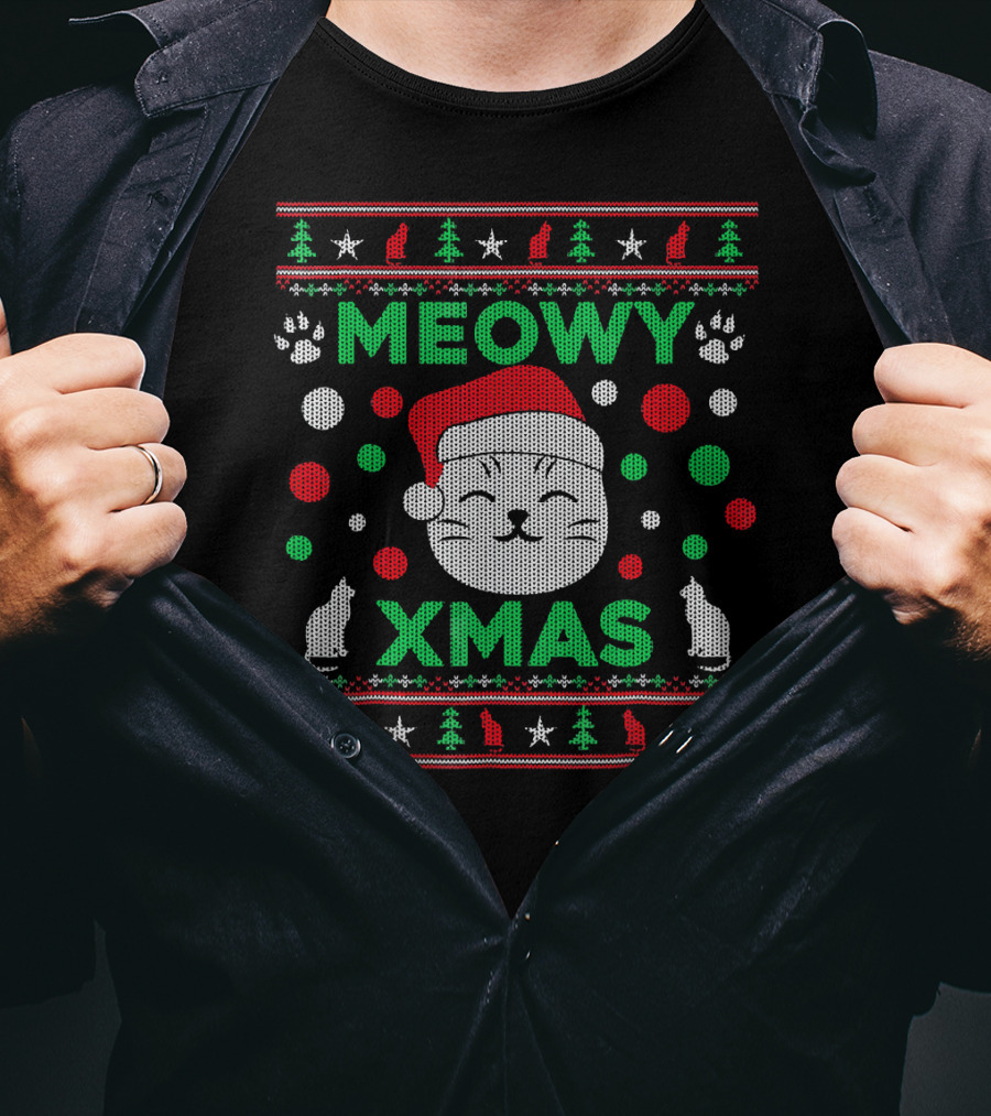 Meowy Xmas Ugly Christmas Santa Cat Paw Trees Stars T-Shirt
