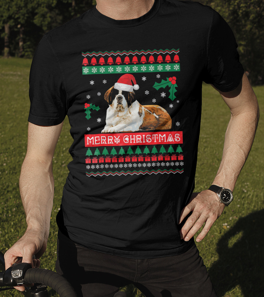 Merry Christmas St Bernard Dog Ugly Sweater Holiday T-Shirt