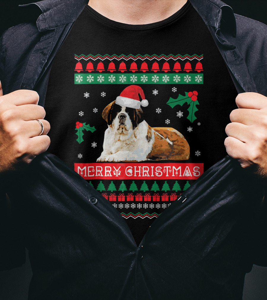 Merry Christmas St Bernard Dog Ugly Sweater Holiday T-Shirt