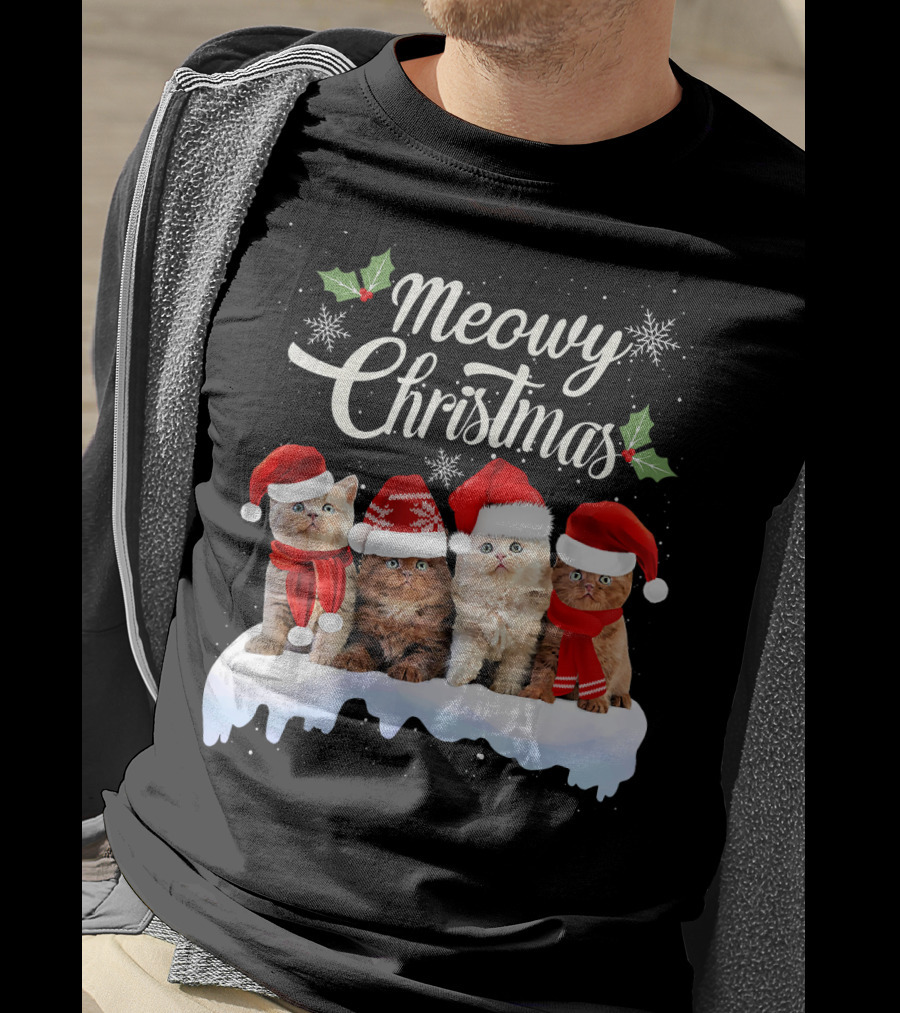 Meowy Christmas Kitten Cat Kitty Snowflake Santa Hat Holly T-Shirt