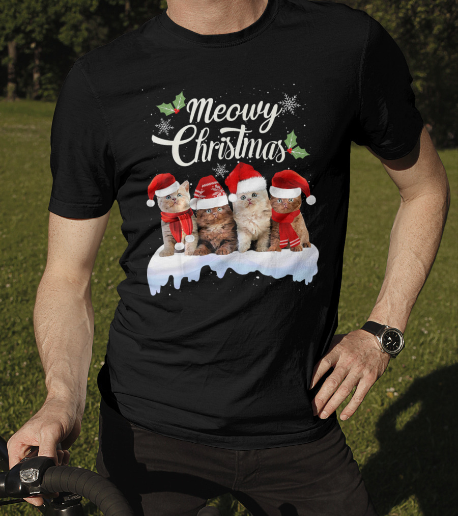 Meowy Christmas Kitten Cat Kitty Snowflake Santa Hat Holly T-Shirt